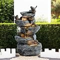 LETATA Outdoor Cascading Bird Water Fountain, 5-Tier Floor Natural Looking Rock Fountains with LED Pump Birds Decor, Freestanding Resin Fountain and Cascading Water Feature for Patio Garden, Grey