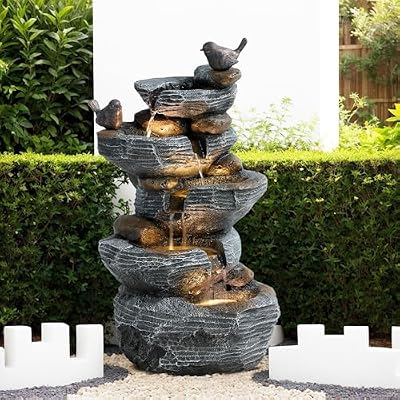 LETATA Outdoor Cascading Bird Water Fountain, 5-Tier Floor Natural Looking Rock Fountains with LED Pump Birds Decor, Freestanding Resin Fountain and Cascading Water Feature for Patio Garden, Grey