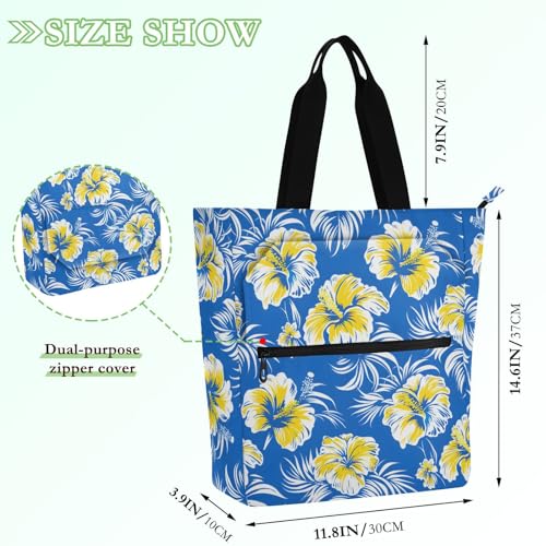 Blue Hibiscus Palm Leaves Tote Bag for Book Lovers Reusable Bags with Zipper Pocket for School Work Shopping2