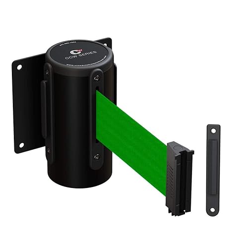 CCW Series WMB-125 - Barrera de cinturón retráctil de montaje en pared fija de 11 pies con caja de acero negro (cinturón verde)