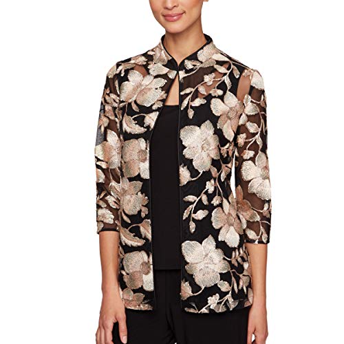 Alex Evenings Women's Jewel Neckline Glitter Knit Twinset (Regular and Petite), Black/Taupe Floral, L