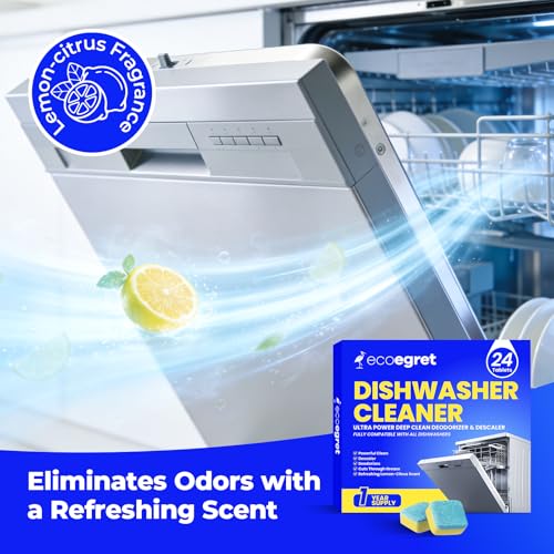 Image of Dishwasher Cleaning Tablets (24 Count) - with Fresh Lemon Scent Dishwasher Cleaner and Deodorizer, Deep Cleans & Descales, Fits All Dishwashers, Septic Safe, 12 Month Supply