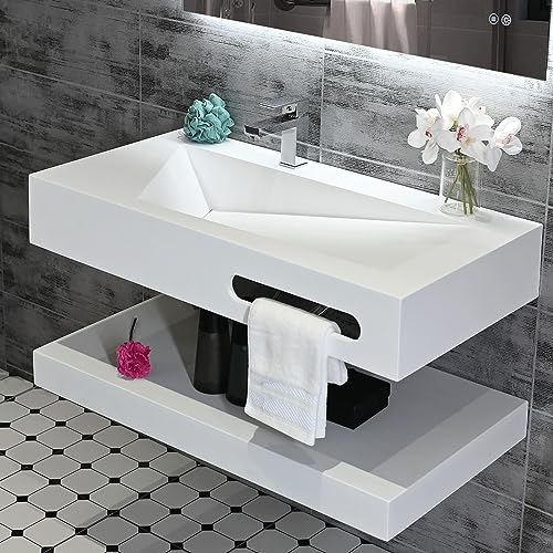 Gesipor 32'x19' Wall Mount Bathroom Vanity with Sink Stone Resin Floating Vanity Sink Rectangular Vessel Sinks for Bathroom White Trough Art Basin with Shelf Layer