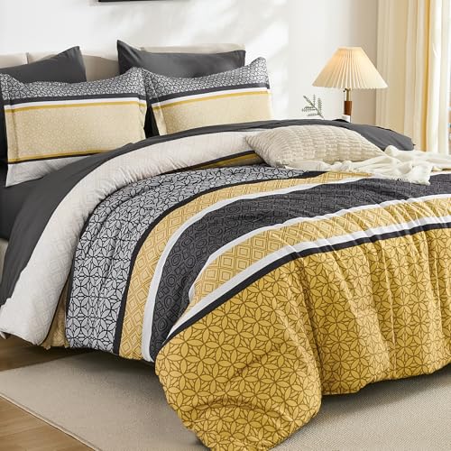 WONGS BEDDING Yellow Grey Queen Comforter Set 7 Pieces, Boho Striped Bed in a Bag Queen Size Bedding Set, Soft Lightweight Micorfiber Comforter for All Seaon with Sheets, Pillowcases & Shams
