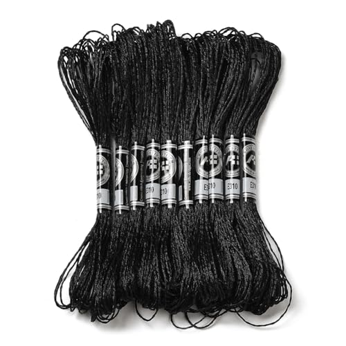 CABODYALS 10 Skeins Black Polyester Embroidery Floss Metallic Shimmer Cross Stitch Thread Gold Silver Glitter Floss Bulk for Sewing Making Friendship Bracelet Weaving Knitting Needlepoint Handcraft