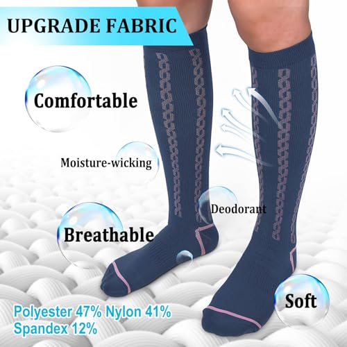 Hi Clasmix 30-40mmHg Medical Graduated Compression Socks for Women&Men Circulation-Compression Stockings-Knee High Socks for Support,Hiking,Running(2 Pack Strip Black Navy,S-M)