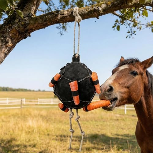 Horse Treat Ball, Interactive Slow Feed Hay Ball with Rope,for Horses, Boredom Relief and Training Toy, Durable Carrot Dispenser Feeder for Goats, Sheep, Livestock - 1