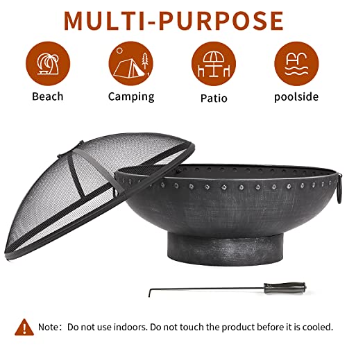 Wostore Outdoor Fire Pit Bronze Cauldron Camping Bonfire Patio Backyard Fireplace With Spark Screen And Poker Campfire Black (30 Inch Cauldron) #TOP2