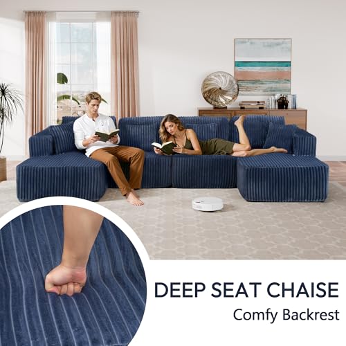 Image of 132 inch U Shaped Couch, Modular Sectional Sofa with Chaise, Corduroy U Shaped Boneless Couch with Deep Seat, Upholstered Modular Cloud Sofa for Living Room, No Assembly Required, Blue