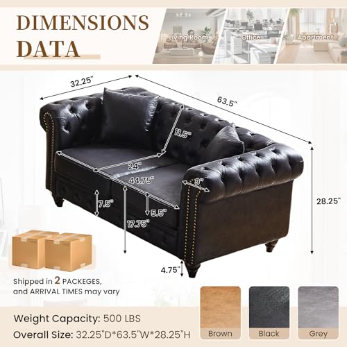 Image of Mid Century Modern Loveseat Sofa, 63.5 inchW Faux Leather Button Tufted Small Couch with Nailhead Trim & Roll Armrest, Upholstered Comfy Chesterfield Sofa for Living Room, Office(2 Seater, Black)