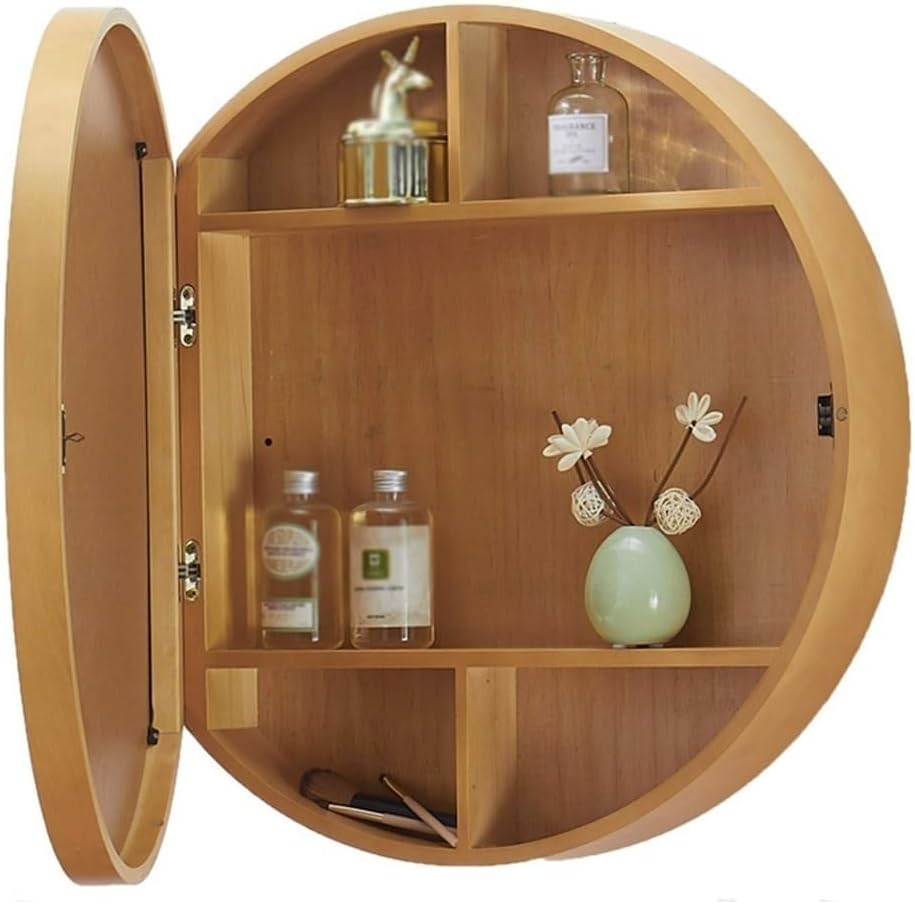 Flip Solid Wood Round Bathroom Mirror Cabinet Wall Mount Makeup Storage Mirror with Shelves(Wood,50cm)