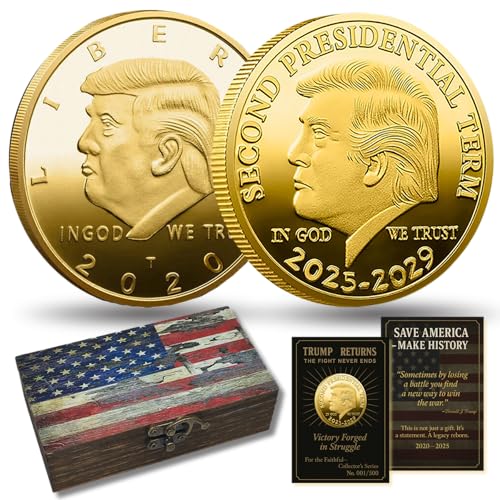 Donald Trump Gold Coin Gift Set, 2020 & 2025 President Challenge Coins in USA Flag Wooden Keepsake Box, Collector Gift for Patriots Trump Merchandise