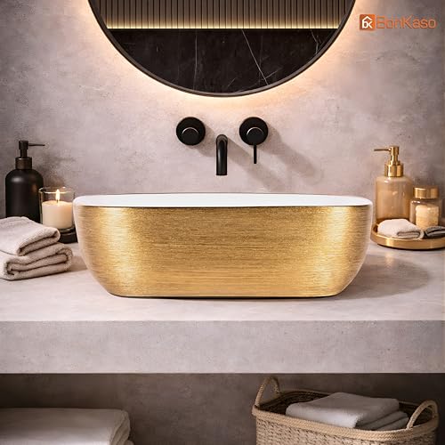 Image of BONKASO White Gold Luxury Table Top Wash Basin (45 x 32.5 x 13.5 cm) | Designer Ceramic Countertop Bathroom Sink | Modern Vanity Art Basin 1001