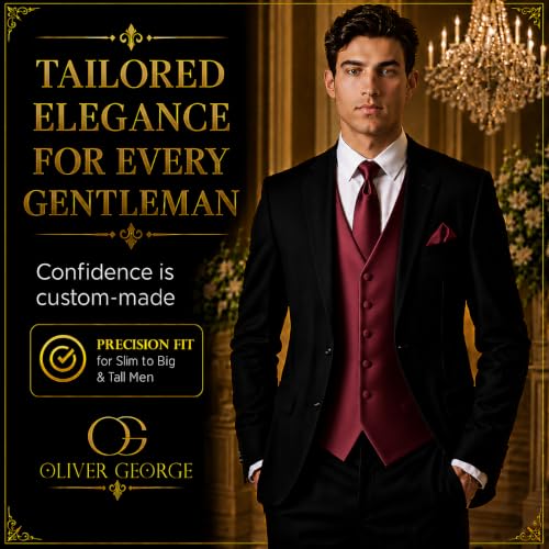 Image of Oliver George 4pc Men's Solid Formal Suit Waistcoat Tuxedo Dress Vest Necktie Bowtie Handkerchief Set for Suit or Tuxedo