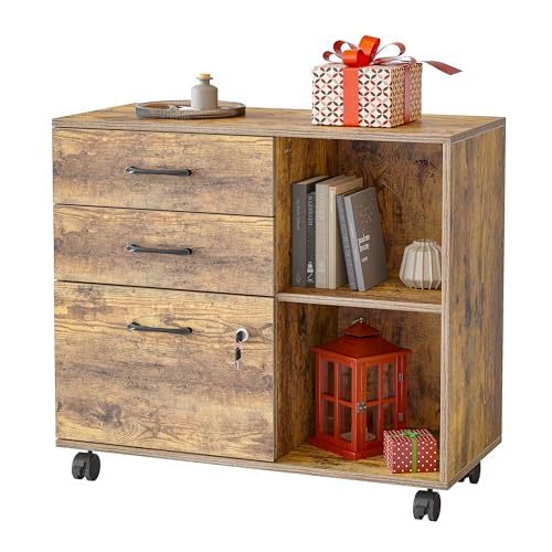 Image of FEZIBO 3-Drawer Mobile File Cabinet, Lateral Filing Cabinet with Lock, Printer Stand with Open Storage Shelves for Home Office, Filing Cabinets for Home Office, Rustic Brown