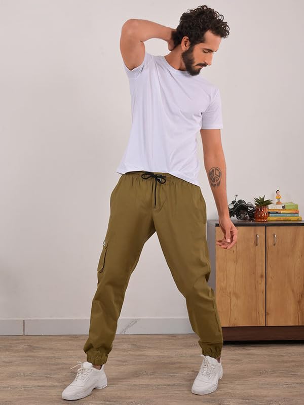 Image of Beyoung Cotton Solid Elastic with Drawstring Cargo Joggers for Men | Regular Fit | 2 Spacious Pockets | Smooth Texture