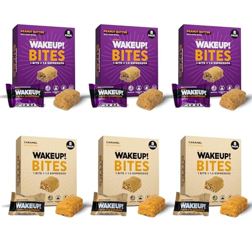 Image of WAKE UP! Caffeinated Protein Bites - VALUE PACK - 6 Cartons (48 Bites) 3 Caramel & 3 Peanut Butter Proprietary Blend with 175mg Caffeine (1 Bite = 1.5 Espressos) Boosts Focus & Clarity - Gluten-Free, Vegetarian, Kosher