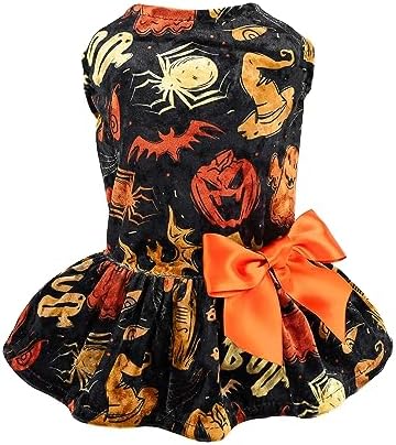 Fitwarm Halloween Lightweight Velvet Clothes Dog Costume Puppy Dress Doggie Party Girl One Piece with Bowknot Holiday Cat Outfits Black Large