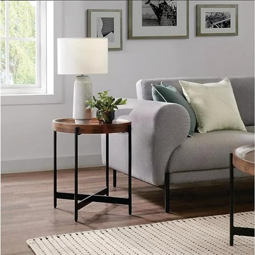 Image of Hamdan Round Coffee Table,Rustic Wood Coffee Tables for Living Room with Storage Shelf, Modern Farmhouse Circle Coffee Table Center Sofa Table with Sturdy Metal Legs (Brown Black)
