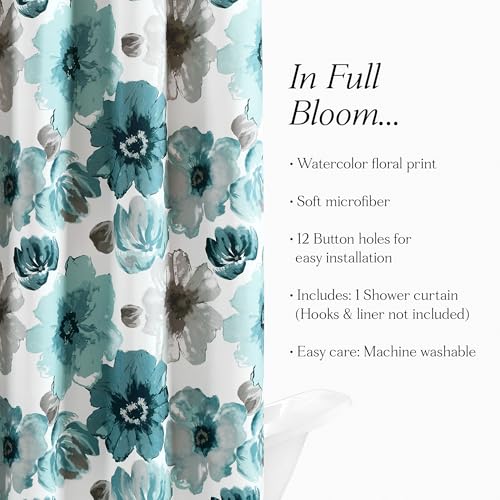 Image of Lush Decor Leah Floral Shower Curtain, 72 inch W x 72 inch L, Blue - Fabric Shower Curtains - Watercolor Botanical Bathroom Curtain - Farmhouse & French Country Decor
