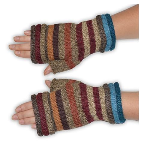 Invisible World Women's Alpaca Wool Fingerless Gloves Texting Typing Striper Red Cover