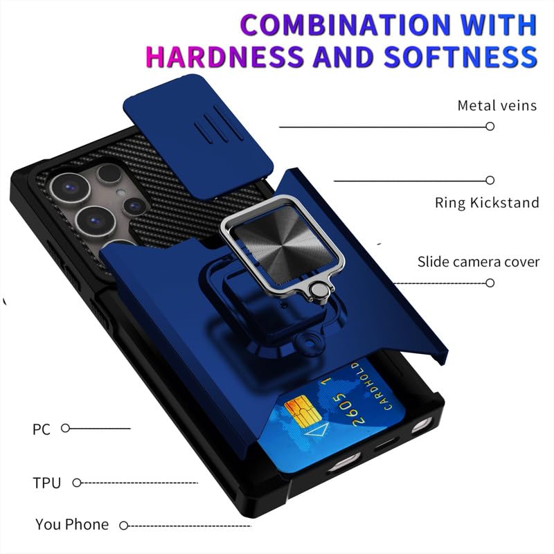 Image of LuxuryKase Shockproof Armor Case for Samsung Galaxy S24 Ultra | Slide Camera Cover | Hidden Card Slot | Rotating Ring Kickstand | Magnetic Car Mount Support | Military Grade Protection - Blue