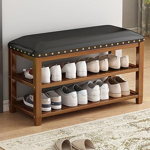 Banc d'entrée extra-long en bambou marron avec étagère à chaussures