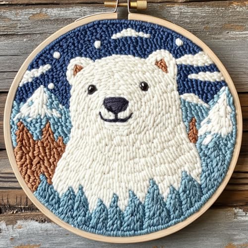 Image of DIY Punch Needle Kits Polar Bear with Snow Mountain with Hoop 20x20cm-4