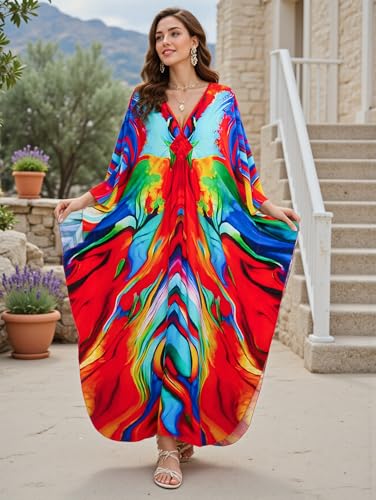 Image of IMAGEKOPE Women's Plus Size Animal Print V-Neck Batwing Kaftan Beach Dress Bathing Suit Cover-Up Loungewear