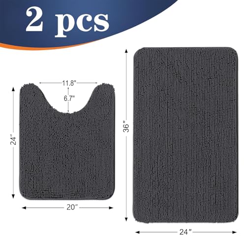 Image of OLANLY Bathroom Rugs Sets 2 Piece, Soft Absorbent Chenille Bath Mats and U-Shaped Contour Toilet Rug, Non-Slip, Machine Washable Bath Carpet, Home Decor Accessories(36 inchx24 inch+24 inchx20 inch, Dark Grey)