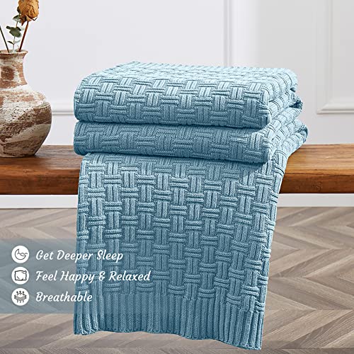 Image of TREELY 100% Cotton Knitted Throw Blanket 31 x 40 Inches, Teal Blue