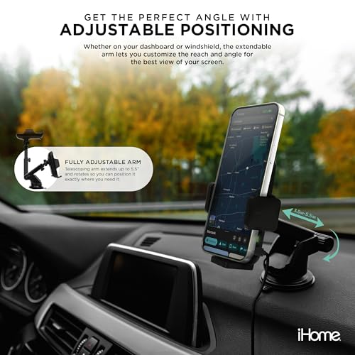 Image of iHome Car Mount, Dashboard /Windshield /Vent Mount, Swivel Neck, Silicone Grip, Adjustable Mount Arm with Suction Cup Base (Wireless Charging Car Mount)