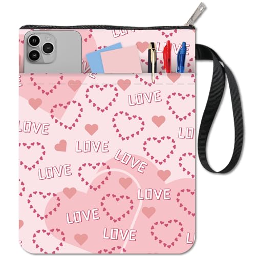 CRASPIRE Love Heart Book Covers Pink Book Protector Book Sleeve for Paperbacks Washable Fabric Cloth Book Cover with Zipper and Extra Sleeve Pocket for Book Lovers Classmate Valentine Gifts