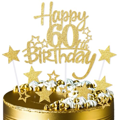 mciskin Decoración dorada para tartas de 60 cumpleaños para pasteles, para hombres y mujeres, decoraciones de 60 cumpleaños, personalizables, decoraciones doradas para tartas para hombres, mujeres