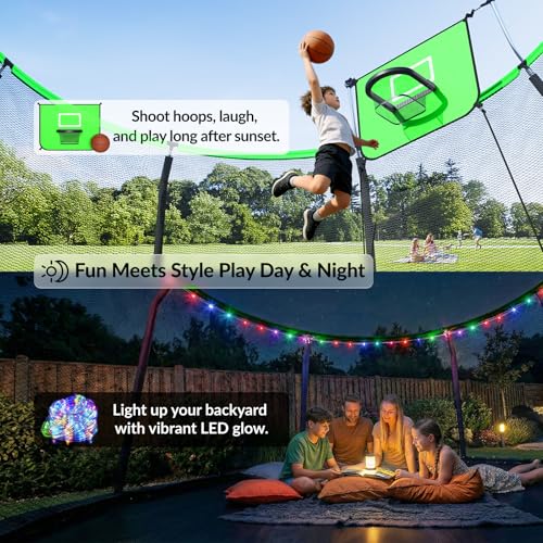 Image of ACWARM HOME Trampoline Outdoor 8FT 10FT 12FT 14FT 15FT 16FT Trampoline with Basketball Hoop and LED Lights, Recreational Trampolines for Kids and Adults with Enclosure Net & Ladder, ASTM Approved