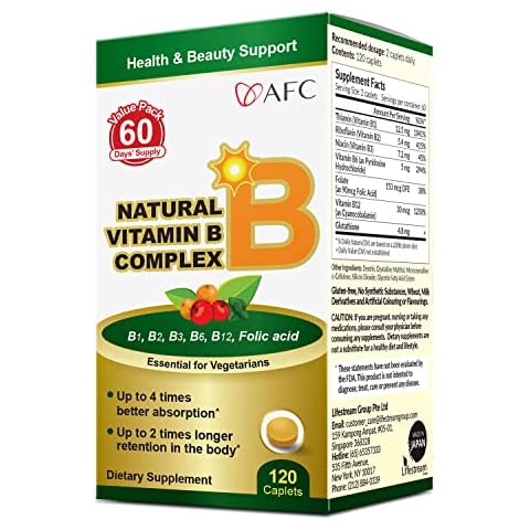 AFC Japan Natural Vitamin B Complex with B1, B2, B3, B6, B12, Folic Acid & Glutathione Yeast Extract, No Synthetics, Non-GMO, Supplement for Stress, Energy, Immune & Nervous System,120 Vegan Caplets Cover