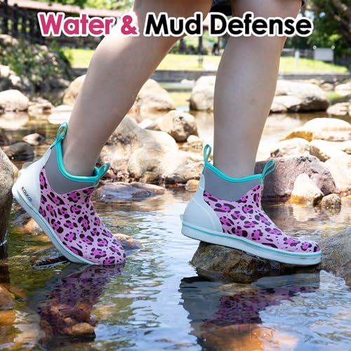 Image of Kalkal Women's Deck Boots, Waterproof Ankle Rain Boots Fishing Boots with High Traction, Women's Rubber Boots For Gardening Fishing Boating Camping