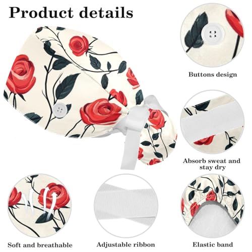 Image of Red Blooming Rose Flowers Black Working Cap with Scrunchy and Ribbon Tie for Women, Long Hair
