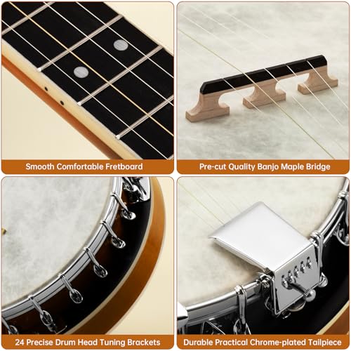 Image of Banjo, Kmise 5 String Beginner Banjo 38 inch Full Size with Remo Head Closed Back with Removable Resonator, Tuner, Strings, Finger Picks, Strap, Bag, Accessories Set Gift Choice for Adults Beginner