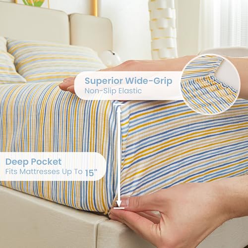 Image of Mooreeke Striped Full Bed Sheets, Deep Pocket 4 Piece Full Sheet Set, Soft Microfiber Blue Yellow Pinstripe Bedding Sheets & Pillowcases
