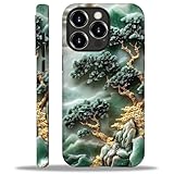 CARLOCA for iPhone 15 Compatible with Magsafe Full Body Protective Glossy Case, for Girl Boy Shockproof Magnetic Charge Esthetics Pattern Green Marble Texture Golden Tree Mountains
