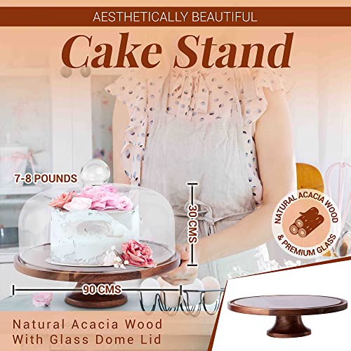 Koala's Home Acacia Wood Cake Stand with Real Glass Dome, Dessert Display, Decorative Kitchen Server, Multi-Purpose Use