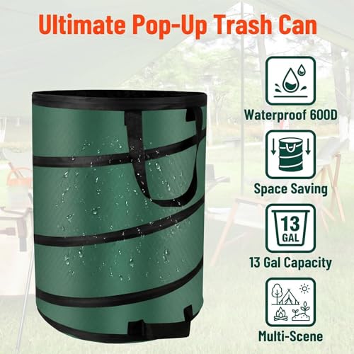 Image of Camping Trash Can, Pop Up Collapsible Garbage Can, 10 Gallons, Foldable Recycle Bin Made of 600D Oxford Cloth for Gardening, Camping and Home Storage (Green)