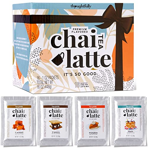 Thoughtfully Gifts, Mega Chai Tea Latte Variety Gift Set, Includes 4 Uniquely Flavored Chai Tea Latte Mixes: Caramel, Maple, Pumpkin & S'mores, Pack of 16