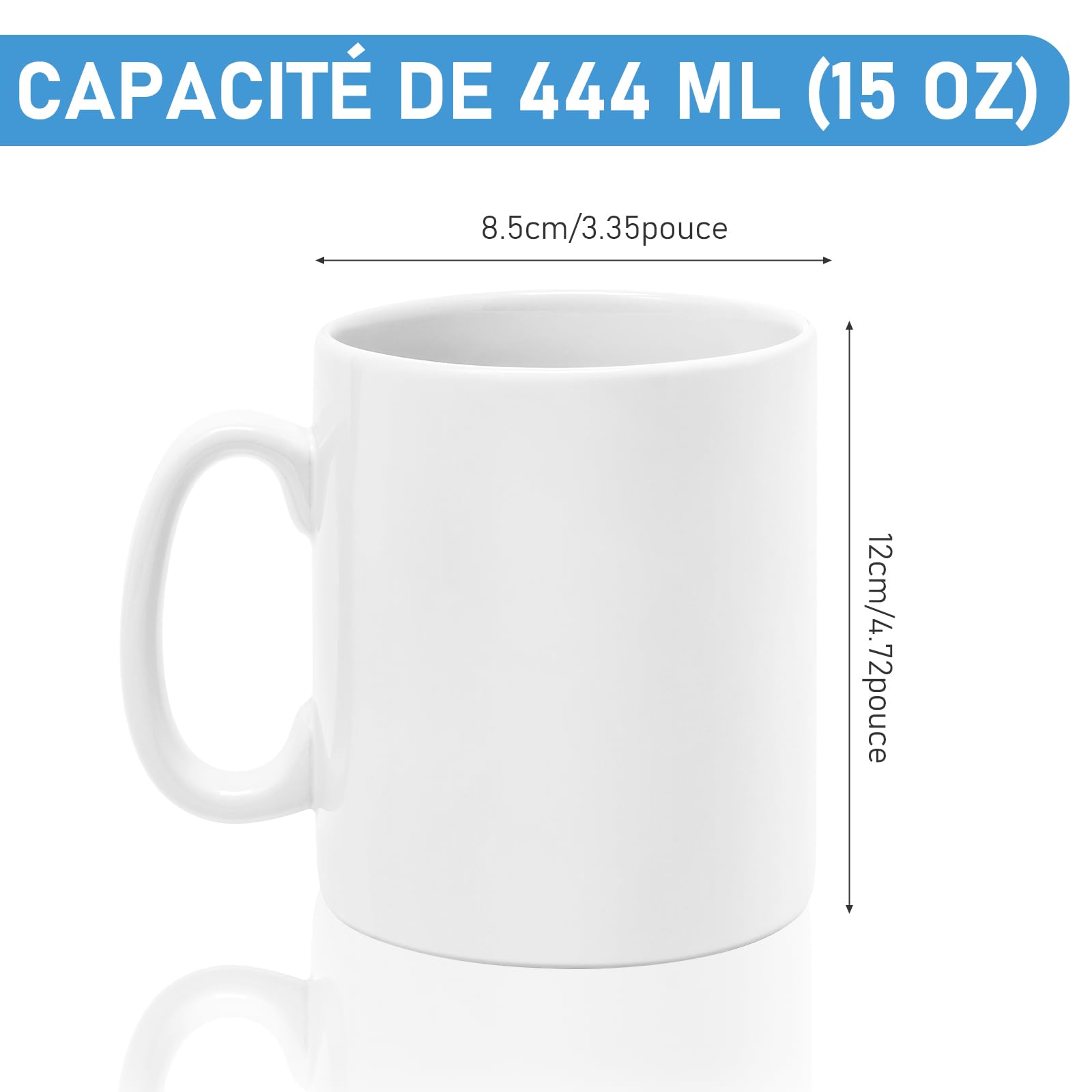 Lot de 12 Mugs Blancs pour Sublimation, 443 ml/15 oz