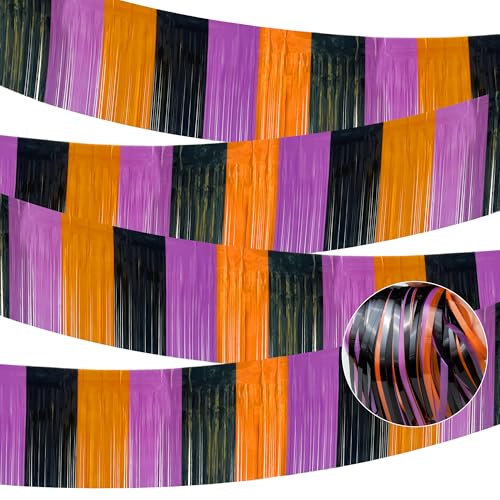 Image of 4 Packs 39 Feet Halloween Parade Floats for Trailer Car, Foil Fringe Garland Tinsel Streamers Banner Table Skirts for Halloween Dia De Los Muertos Homecoming BBirthday (Black Orange Purple)