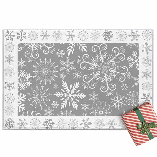 LBCASA グレー ホワイト スノーフレーク 屋内ドアマット - 40.6 cmx61.0 cm、クリスマス ノンスリップ ウェルカムマット アウトドア用 冬 ホリデー 玄関ラグ 玄関用 クリスマス ロープロファイルドアマット 玄関ラグ キッチン/バスルーム用