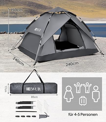 DEWUR Camping Pop Up Zelt für 4 Personen – Wasserdicht und vielseitig