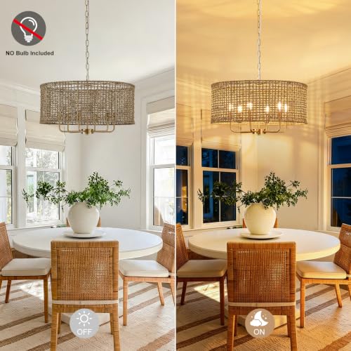 Image of 23.6 inch Large Rattan Chandelier, 6-Light Gold Wicker Light Fixture