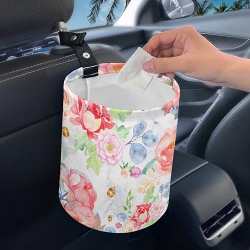 Image of Portable Dustbin Bin Waste Basket Pink Red Flowers Car Accessories Interior Foldable Car Trash Can Collapsible Waste Basket Bin Small Trash Can